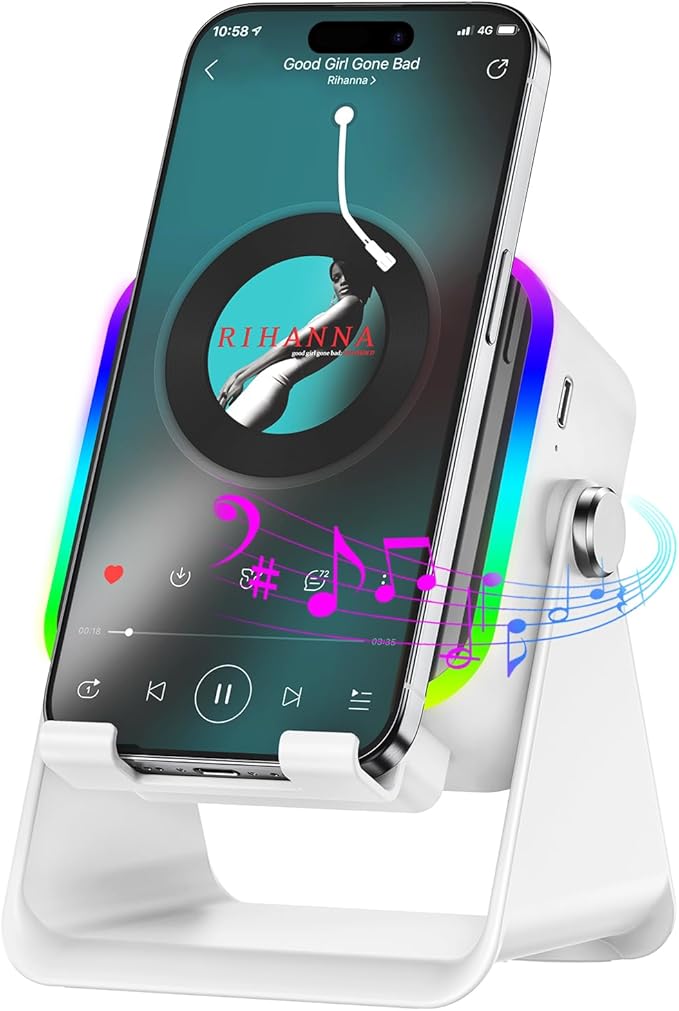 Wireless Induction Speaker 5-in-1 Bluetooth Speaker with Phone Stand,Stereo Sound, 3500mAh Rechargeable, 8 RGB Ambient Light, 360° Adjustable Holder for iPhone/Android/iPad,Gifts for Men Women (White)