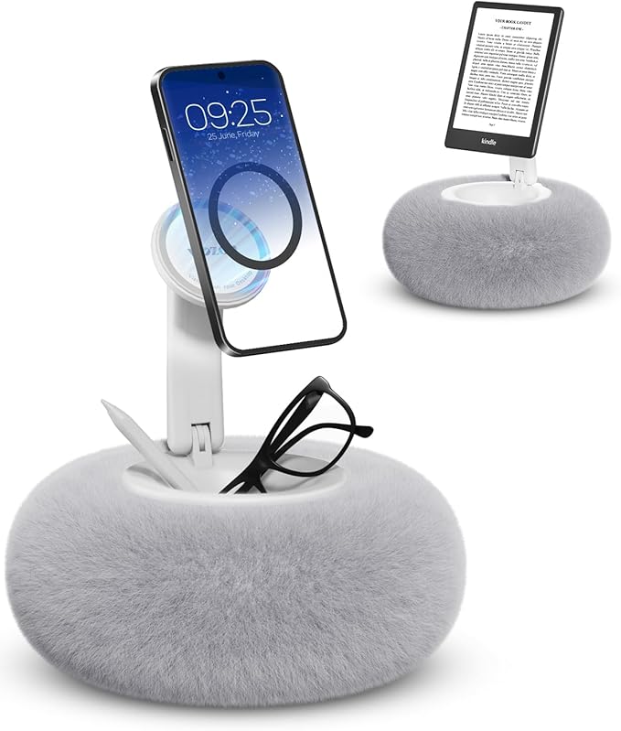 Viozon Phone Holder for Bed, Magnetic Pillow Stand, Compatible with 4-7" Phone/Kindle with Small Storage, Removable Suction Base for Stability, Idea for Kindle Reading and Video Watching On Bed,Grey
