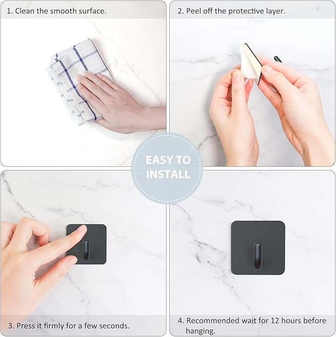 VIS'V Adhesive Hooks, Metal Shower Wall Stick on Hooks, Waterproof, 2 Extra Adhesive Strips, Black, 4 Pcs