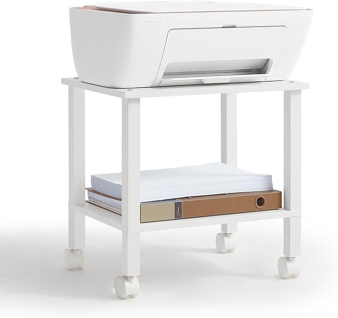 2 Tier Printer Stand with Storage,Under Desk Shelf Printer Table, Rolling Printer Cart for Office,Home,White