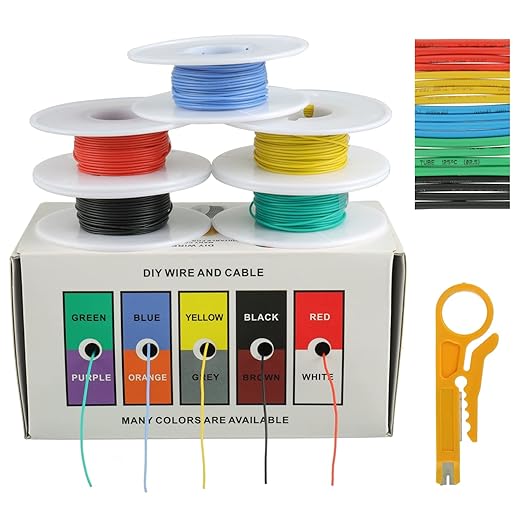 BOJACK 30 AWG Flexible Silicone Wire Electric Wire Hook up Wire Kit 300V Cables with Plus 20 φ2mm Heat Shrink Tubings and a Mini Wire Stripper(5 Colors 32.81Ft Each Color, 30AWG)
