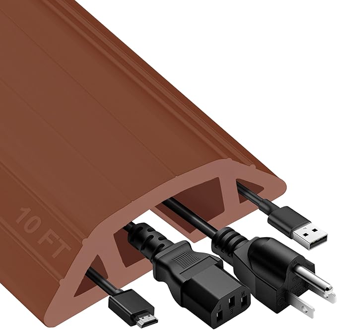 MYFAMIREA 10FT Floor Cord Cover Heavy Duty Cable Cover Protector 3 Channels Extension PVC Floor Wire Cover Outdoor Cord Hider Management Cord Cover for Wire on Floor for Home Office Outdoor, Brown