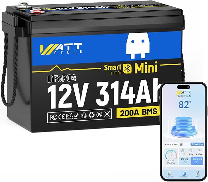 12V 314Ah LiFePO4 Mini Lithium Battery with Bluetooth 5.0, Built-in Metal Frame 200Ah BMS, 4.01kWh Energy, Upgraded Aluminum Cooling Fins, 12v 300ah + Lifepo4 Lithium Batterys