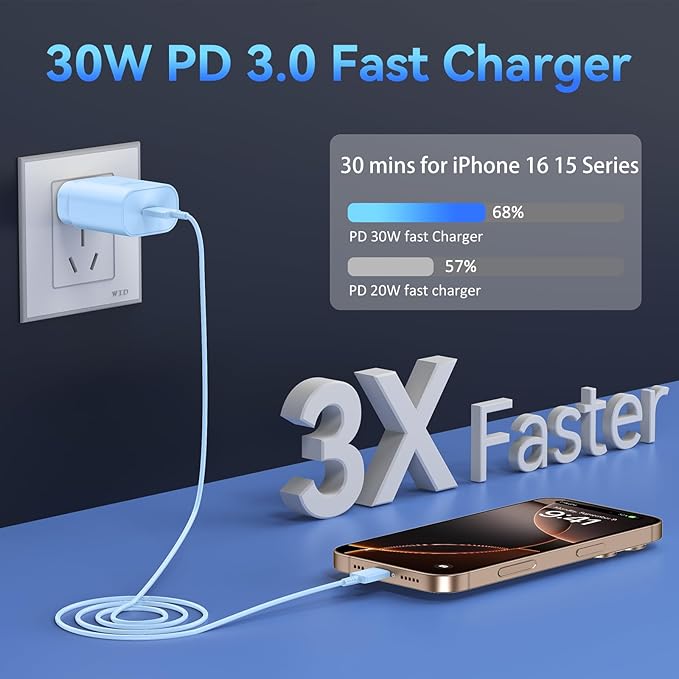 Phone 16 15 Pro Max Charger Fast Charging,30W USB C Phone 16 15 Fast Charger Block &10FT Long Type C Cable Cord for Phones 16 15/16 15 Pro Max/16 15 Pro/15 Plus/Pro 12.9/11 inch,Galaxy S24 Ultra,Blue