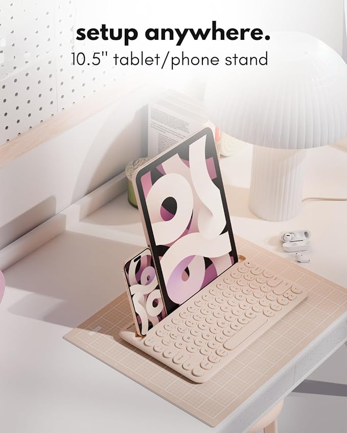 Macally Bluetooth Keyboard for Tablet | Wireless Keyboard for iPad mini/Pro/Air, iPhone (Multi-Device, Built-in Stand, Portable, Rechargeable) - Boba Brown