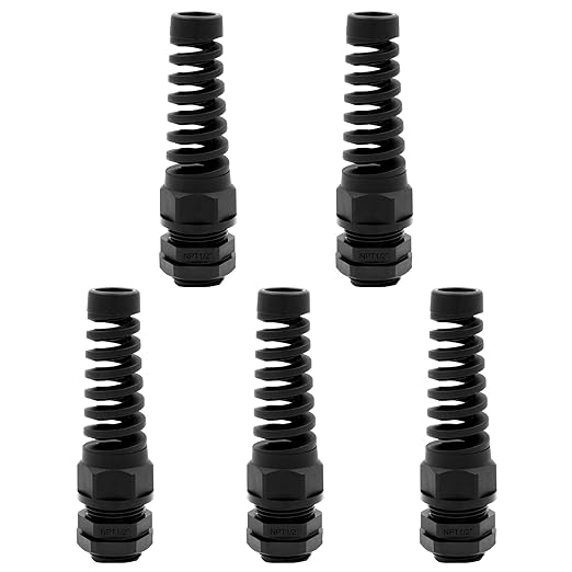 Strain Relief Cord Connector,LISTENJIALE 5Pcs NPT 1/2" Waterproof Cable Gland Flex Spiral Strain Relief Adjustable 6-12mm Cable Connector Nylon Joint with Gaskets(Black)