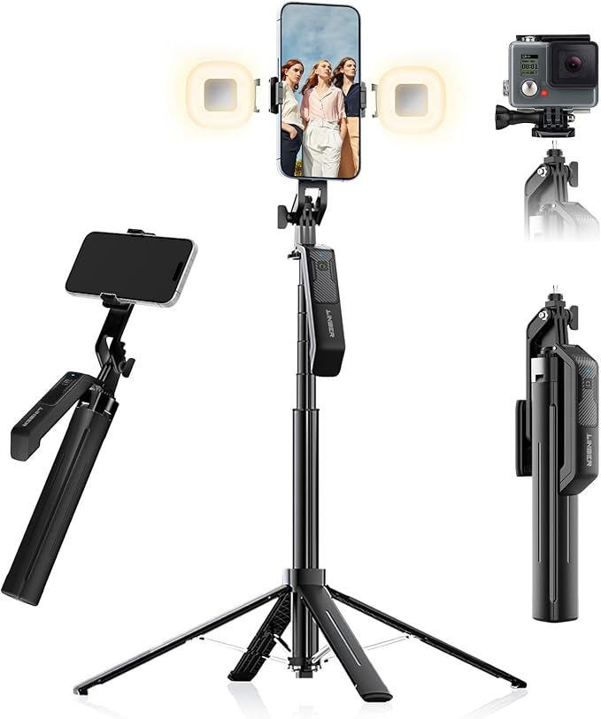 71" Phone Tripod Selfie Stick with Wireless Remote & 2 Fill Lights, Extendable Phone Stick for iPhone, Android, Camera & GoPro, S30 Portable Travel Tripod for Vlogging, Live Streaming(Black)