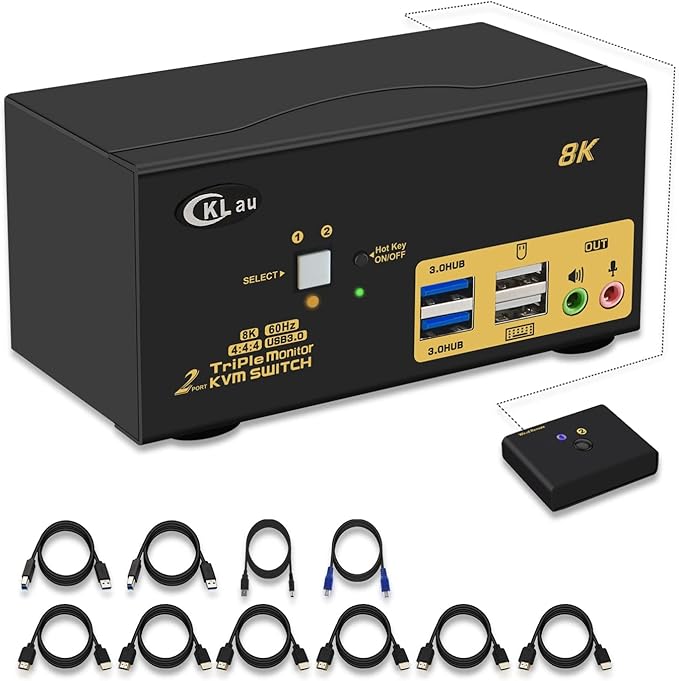 CKLau 2 Port USB 3.0 Triple Monitor KVM Switch HDMI 2.1 8K@60Hz 4K@144Hz with Audio and All Input Cable for 2 Computers 3 Monitors Supports Hotkey Switching