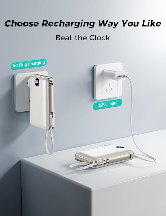 Portable Charger with Built in Cable & Wall Plug, 50000 mAh Power Bank, 22.5W Fast Charging, 4 Outputs, Travel Essential Battery Pack with LED Display for iPhone 17/16/15/14 Series, Samsung, iPad etc