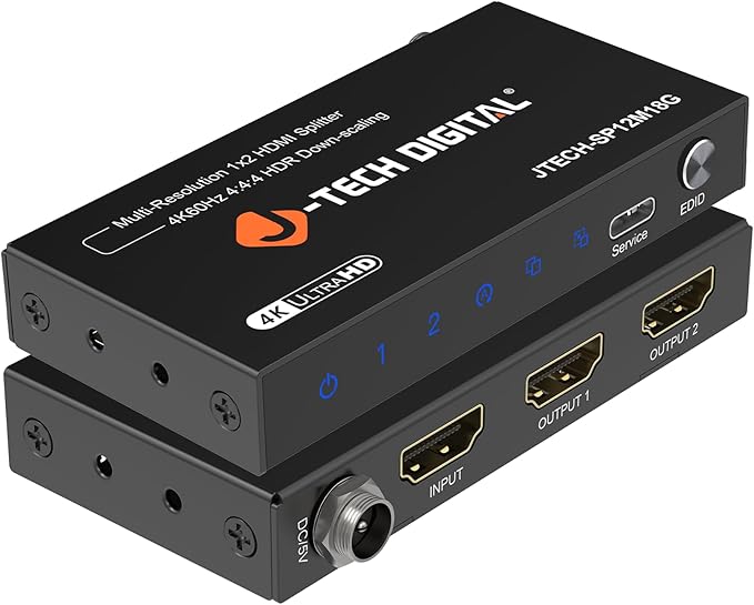 J-Tech Digital HDMI Splitter 1 in 2 Out 4K@60Hz, 1x2 HDMI Splitter for Duplicate/Mirror Screen 4K to 1080P Downscaling Function 3 EDID Settings (JTECH-SP12M18G)