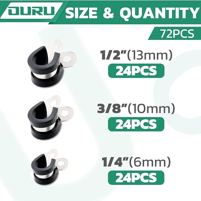 72PCS Stainless Steel Cable Clamp,Rubber Coated Cushioned Insulated Cable Clamps Assortment Kit-Metal Wire Clamps,Cable Clips,Pipe Clamps