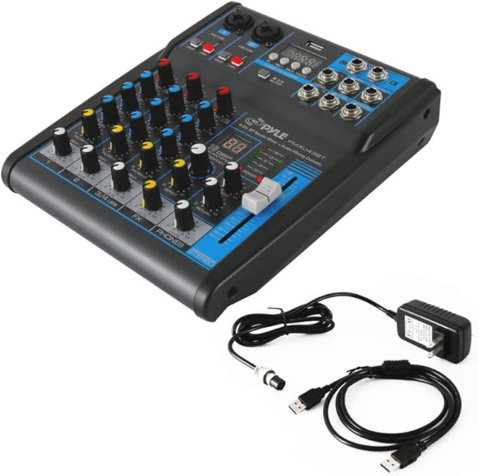 Pyle Professional Audio Mixer Sound Board Console System - Interface 4 Channel Digital USB Bluetooth MP3 Computer Input 48V Phantom Power Stereo DJ Studio Streaming FX 16-Bit DSP processor - PMXU43BT