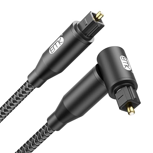 EMK 90 Degree Right Angle Optical Audio Cable [22ft/7M] - 360° Rotatable Digital Toslink SPDIF Cable for Soundbar to TV, Home Theater - Black Fiber Optic Cable with Angled Connector