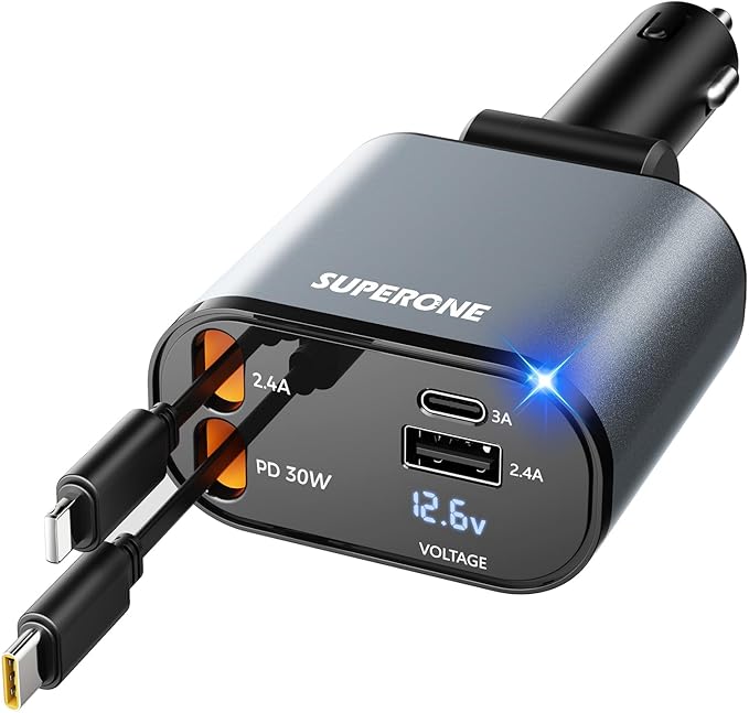 【Upgraded】 SUPERONE Retractable Car Charger 4 in 1, Fast Car Phone Charger with Cord 2.6ft, USB C and Apple Car Charger Adapter, Compatible with iPhone 16 15/15 Pro Max/14/13/12/11, Galaxy, Pixel