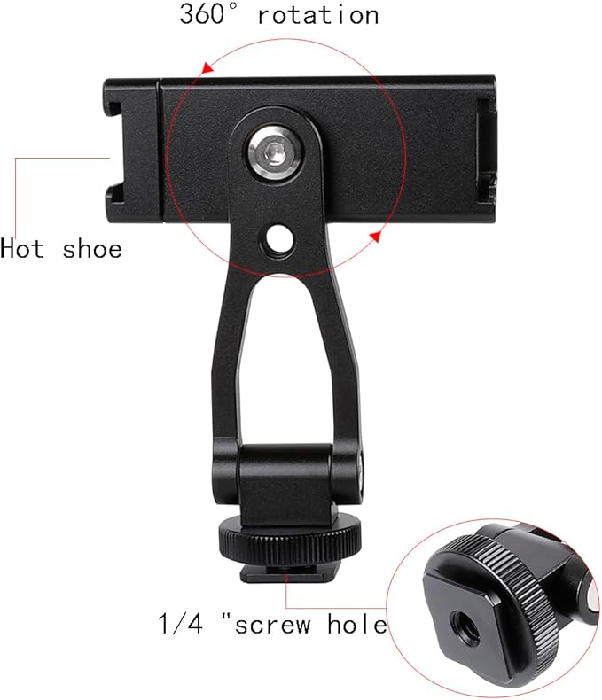 Aluminium Alloy Phone Tripod Mount, Universal Cell Phone Mount Adapter with 2 Cold Shoe Mount for Horizontal and Vertical Shooting, Compatible with iPhone, Pixel, Samsung Galaxy and All Phones