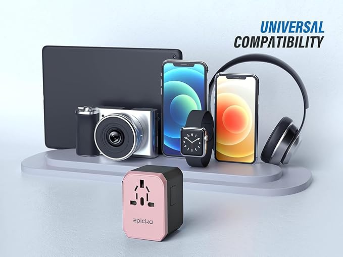EPICKA Universal Travel Adapter, European Travel Plug Adapter - International Power Adapter Worldwide Charger with USB-C & 4 USB-A Ports, Travel Essentials for Italy, UK, Japan (TA-105, Rose Gold)