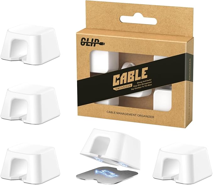 Maveek Magnetic Cable Clips, 5 Pack Square Cord Organizer with Magnets and Metal Plates, Silicone Cable Holders for USB C, HDMI, Ethernet, Charging Cords – Desk, Wall, Office & Car Use (White)