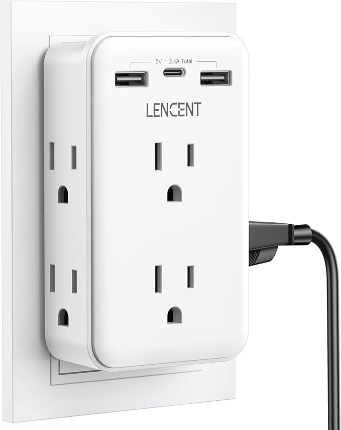 LENCENT 2 to 3 Prong Outlet Adapter, 2 Prong Power Strip with 6 AC Sockets 3 USB Ports(1 USB C), 3-Sided Wall Plug Splitter, 1875W Max, Compact Adapter for Non-Grounded Outlets in Old Houses