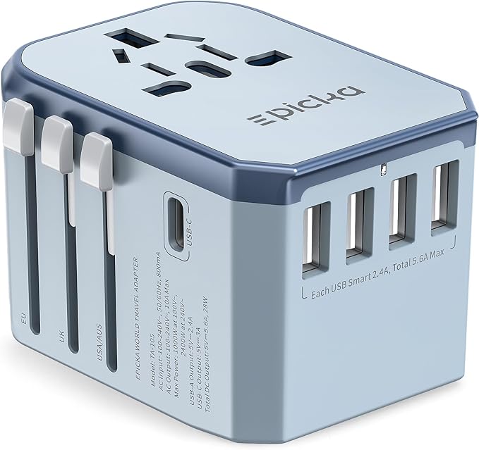 EPICKA European Travel Plug Adapter, Universal Travel Adapter - International Power Adapter Worldwide Charger with USB-C & 4 USB-A Ports, Travel Essentials for Italy, Japan, Europe, UK (TA-105, Blue)
