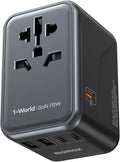 MOMAX Universal Travel Adapter, GaN 70W International Power Adapter, 3 USB-C PD Fast Charging & 2 USB-A QC, 1 AC, All-in-one International Plug Adapter for Travel European UK AUS JP