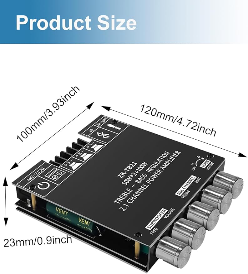 50W+50W+100W Amplifier Board with Treble and Bass Control, Bluetooth 5.0 HiFi 2.1 Channel Subwoofer Stereo Amplifier Board, Dual TPA3116D2 Chip BT and AUX Inputs for DIY Wireless Speakers (ZK-TB21)