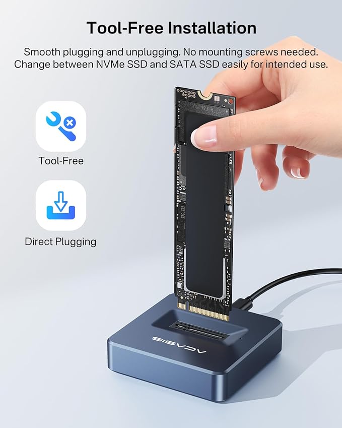 ACASIS NVME SSD Reader Adapter, Aluminium Alloy Housing Fast Heat Dissipation, NVME to USB Docking Station, M.2 SSD to USB Adapter 10Gbps, Support M.2 (M Key) NVMe SSD and (B+M Key) SATA-Based SSD
