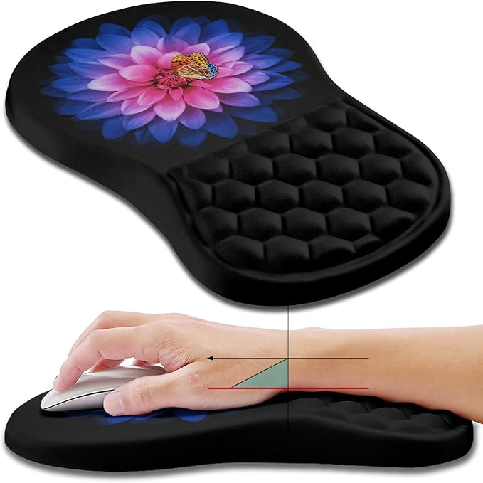Hokafenle Ergonomic Mouse Pad Wrist Support, Wrist Rest Mousepad for Carpal Tunnel Pain Relief with Integrated Memory Foam Slope Massage Bulge (11.8x7.9 inch,Butterfly Lotus Floral