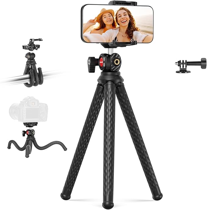 NEEWER Flexible Tripod with Remote, Mini Camera Phone Tripod Stand with Hidden Phone Holder&Action Camera Adapter Compatible with iPhone GoPro Hero13 12 11 10 DJI Insta360 Samsung for Vlogging, TP34