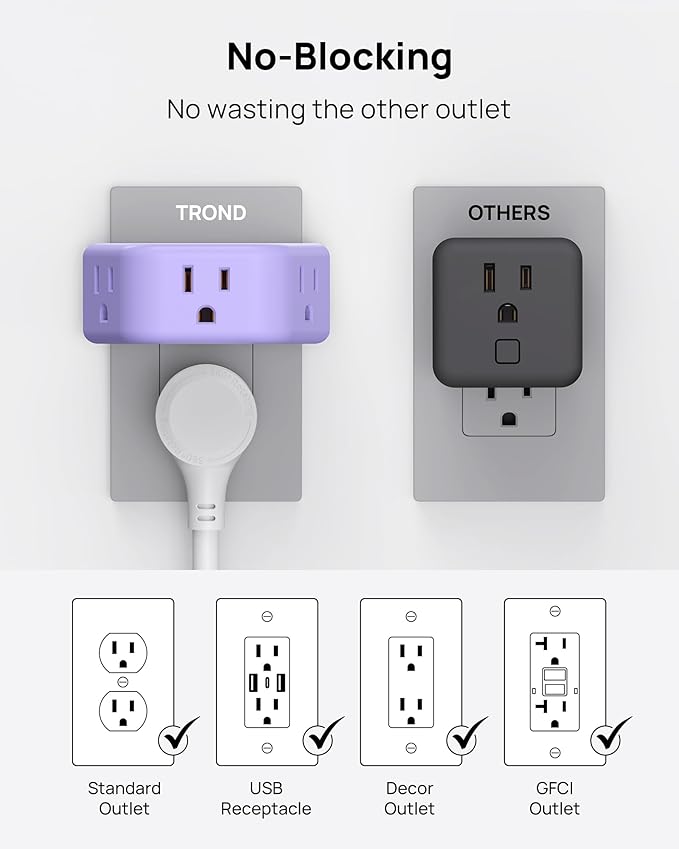 TROND Purple Outlet Extender - Plug Splitter with 3-Prong Grounded Sockets, 3 Way Angled Outlet Adapter, Wall Plug Expander, Cruise Ship Essentials, Compact and Practical for Travel Home Decoration