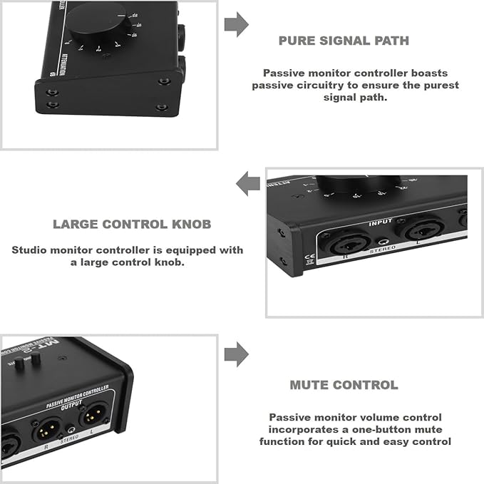 Passive Monitor Controller,Mute Control Large Control Knob Passive Stereo Monitor Controller,Pure Signal Passive Volume Controller,for Studio Monitor