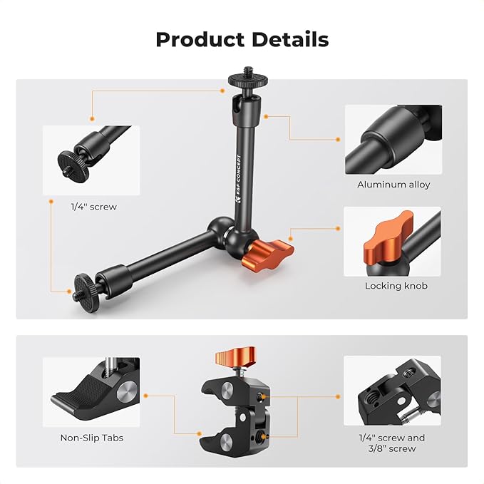 K&F CONCEPT 9.8" Magic Arm Clamp Kit with 1/4" & 3/8" Thread Screw 360° Ball Heads Articulating Magic Arm with Tripod Mount Adapter for Gopro/LED Lights/Monitor/Flash/Microphone/DSLR Camera