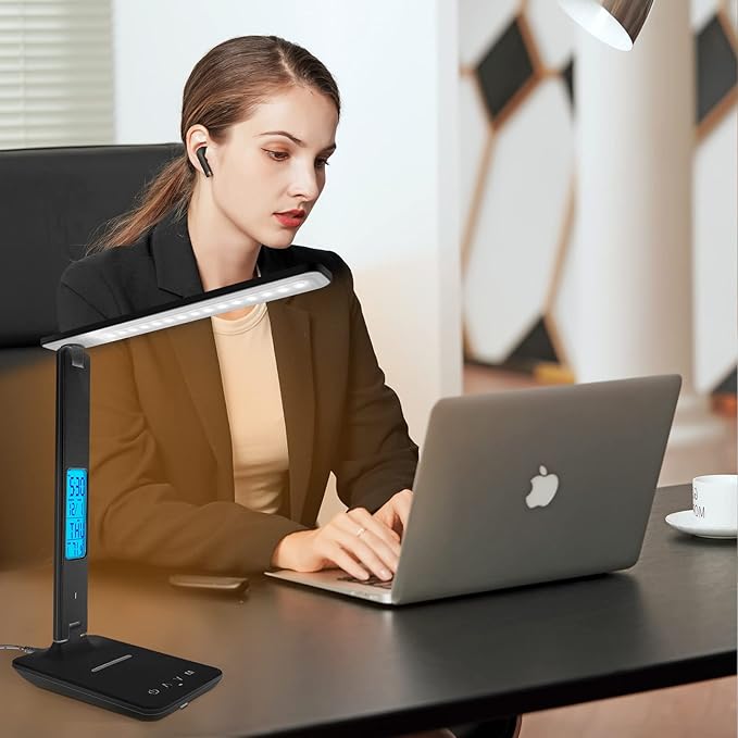 Desk Lamp with Wireless Charger，USB Charging Port, Dimmable Office Desk Light with Clock, Alarm, Date, Temperature, Foldable Lamp for Table Bedroom Bedside Office (Black, Standard Size-13.3 inch)