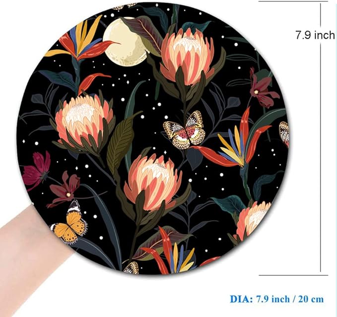 Mouse Pad Round, Cute Mouse Pad with Design, Floral Butterfly Mouse Mat, Non-Slip Rubber Base Mousepad, Waterproof Women Office Computer Mouse Pads