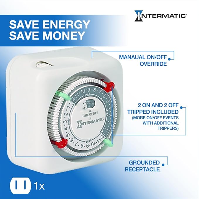 Intermatic TN111K 15-Amp Indoor Timer - Versatile 24-Hour Control - Easy Manual Override and Single 2-Prong Design (2 Pack)