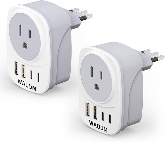 2 Pack Italy Travel Power Adapter, Italy Travel Plug Adapter with 2 USB and 2 USBC Ports, L-Shaped 3-Pin Ground Plug for USA to Italy Uruguay Chile Rome