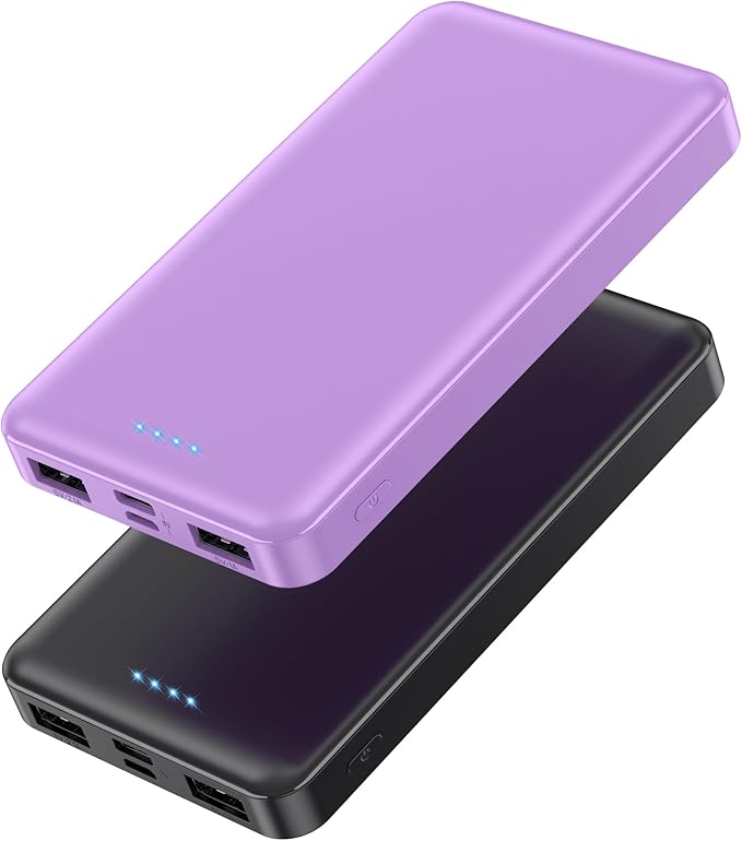 [2 Pack] Portable Charger Power Bank 10000mAh,Ultra Slim Compact External Battery Pack with USB C Input & Dual USB Outputs Backup Charger Compatible with iPhone 14,13, Samsung S20,Tablet-Black+Purple
