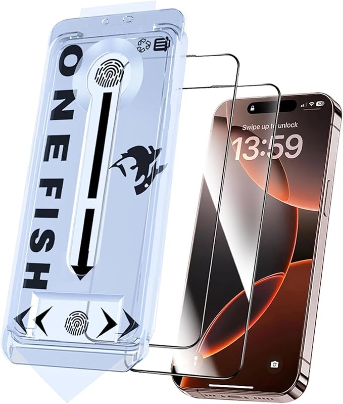 OneFish Screen Protector for iphone Pro Max 16, Airbag Edge Protection, HD Clarity Tempered Glass Film with Installation Frame, 9H Glass Scratch Resistant, Easy Installation, 2Pack.