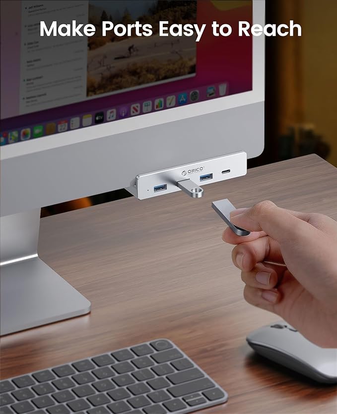 ORICO USB Hub 3.0, Clamp USB Hub with Extra Power Port, 3 USB-A Data Ports, USB-C Port for Monitors, Desks(Silver)