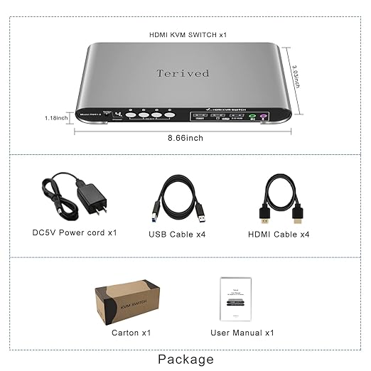 HDMI KVM Switch 4 in 1 Out with Hotkey Mouse Switching, Audio Mic Support, 4K@60Hz, USB 3.0 Hub, Digital Display, Terived Aluminum KVM with Cables Included