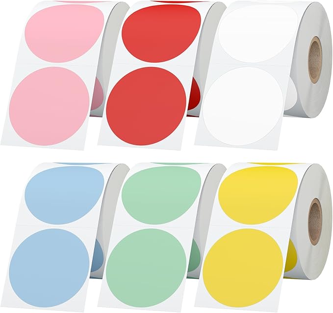 6 Rolls 2 Inch 6-Color Assorted Circle Direct Thermal Stickers Labels, Self-Adhesive Round Direct Thermal Labels for Business, DIY, Code, Name Tag, Envelope Seal - 4500 Labels