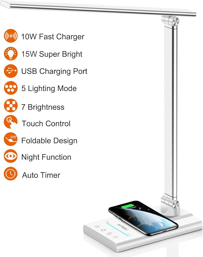 AFROG 5th Gen Multifunctional LED Desk Lamp with 10W Fast Wireless Charger, USB Charging Port,1800Lux Super Bright,5 Lighting Mode,7 Brightness, Touch Control, Auto Timer, 15W Office Table Lamp
