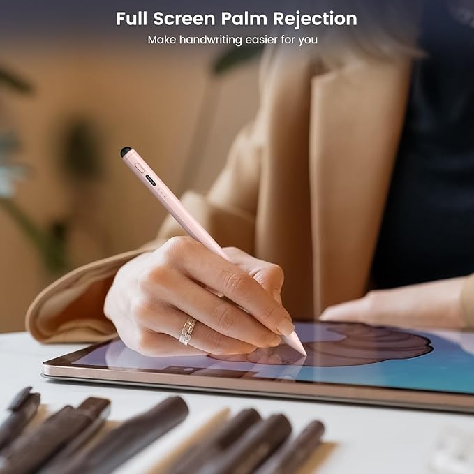 Stylus Pen for iPad, Dual-Tip 13 mins Fast Charge Pencil for Apple, Palm Rejection, Tilt Sensitivity, Compatible w/iPad 6/7/8/9/10, Pro 11/12.9in/M4, Air 3/4/5/M2, Mini 5/6 - Pink