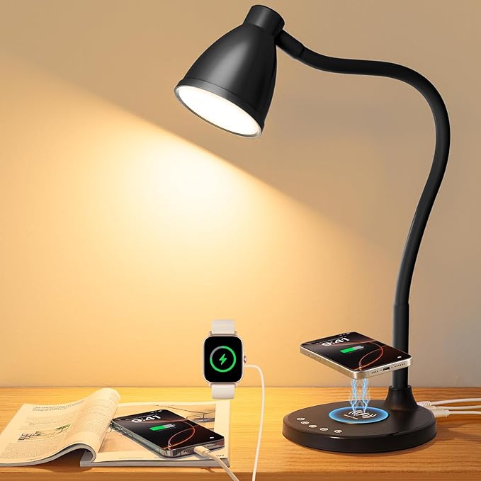 BOHON Desk Lamp for Home Office, LED Desk Light with USB C+A Charging Ports, Wireless Charger, 5 Colors Stepless Dimming Reading Light Timer, Touch Bedside Table Lamp for College Dorm Room Black