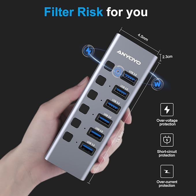 Powered USB Hub with TF/SD Card Reader, 8-Port USB 3.0 Hub with 6 USB 3.0 Data Ports, USB Spilter with Individual On/Off Switches，Aluminum USB Hub with AC Adapter for PC, Desktop, MacBook