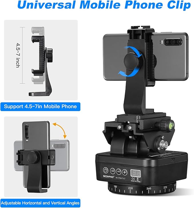 Soonpho M4 Motorized Rotating Panoramic Tripod Head, Remote Control 360° Pan Tilt Head with Mobile Phone Clip for DSLR Cameras, Camcorders, Smartphones, Tripod