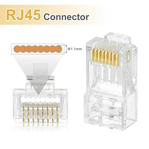MECCANIXITY 100pcs Cat6 RJ45 Pass Through Connectors, RJ45 Connector 8P8C Gold Plated Plugs with 100pcs Yellow Strain Relief Boots for Solid or Stranded UTP Ethernet Cable, 1.1mm