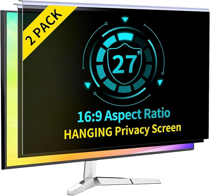 〔2-Pack〕 27 Inch Computer Privacy Screen Filter for 16:9 Monitor, Anti-Blue Light, Anti-UV Blue Light Blocking Removable Privacy Protector Shield, Hanging Type