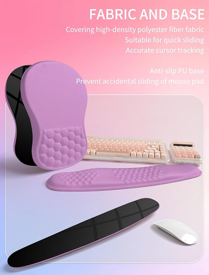 Hokafenle 2in1 Combination, Wave Keyboard Wrist Rest and Ergonomic Curvature Mouse Pad Wrist Support for Relieve Wrist Pain, Filled with Soft Cushion Memory Foam, Purple Lilac