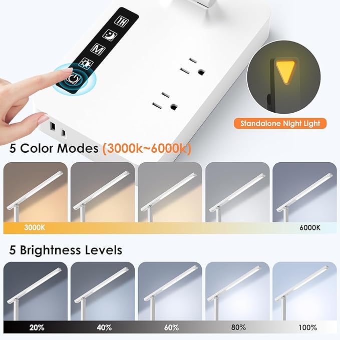 Infiway LED Desk Lamps for Home Office: Desk Lamp with USB Charging Port - 1 USB-A, 1 Type-C Ports, 2 AC Power Outlets, Touch Control Dimmable 5 Color 5 Brightness, Night Light(White)