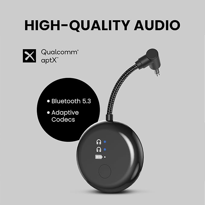 Avantree SoundJet R1 – Airplane Bluetooth Adapter for Headphones & AirPods, aptX Adaptive, Qualcomm Chipset, 20H Battery, Wireless Audio Transmitter for in-Flight Travel Essentials - Black